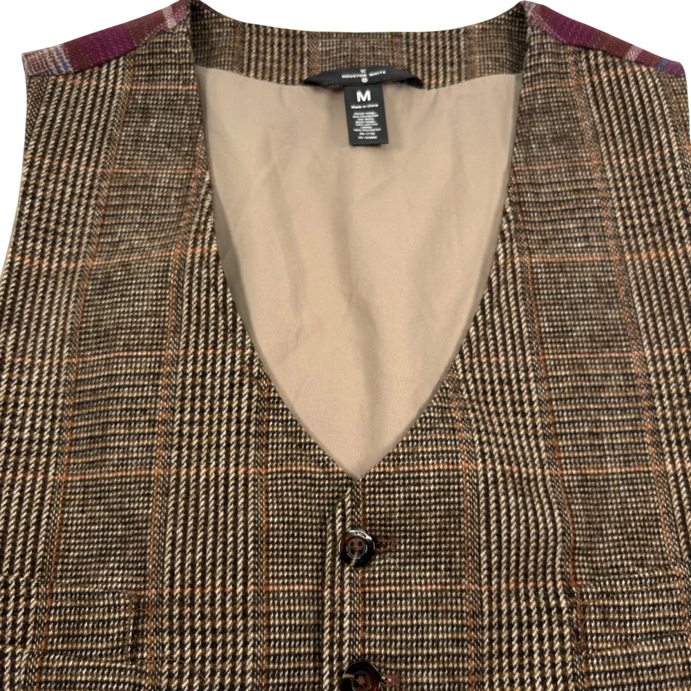 Houston White Womens Medium WOOL Mix Vest Brown Glen Plaid Tailored Academia